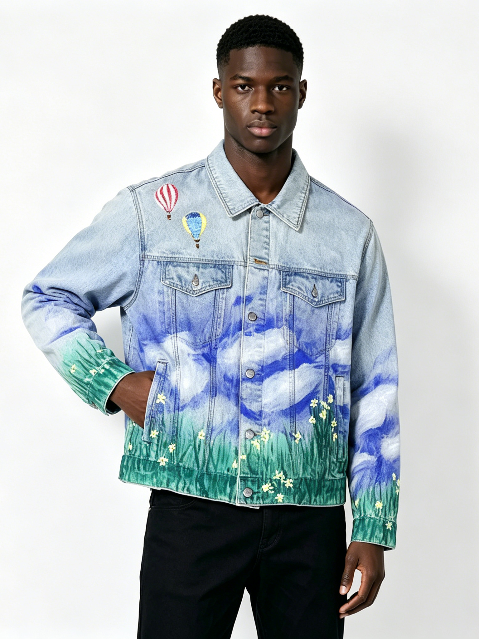 Custom Scenic Painted Denim Jacket - LW&SUNKUN Men's Hot Air Balloon & Landscape Art Streetwear Trucker Jacket OEM/ODM Wholesale