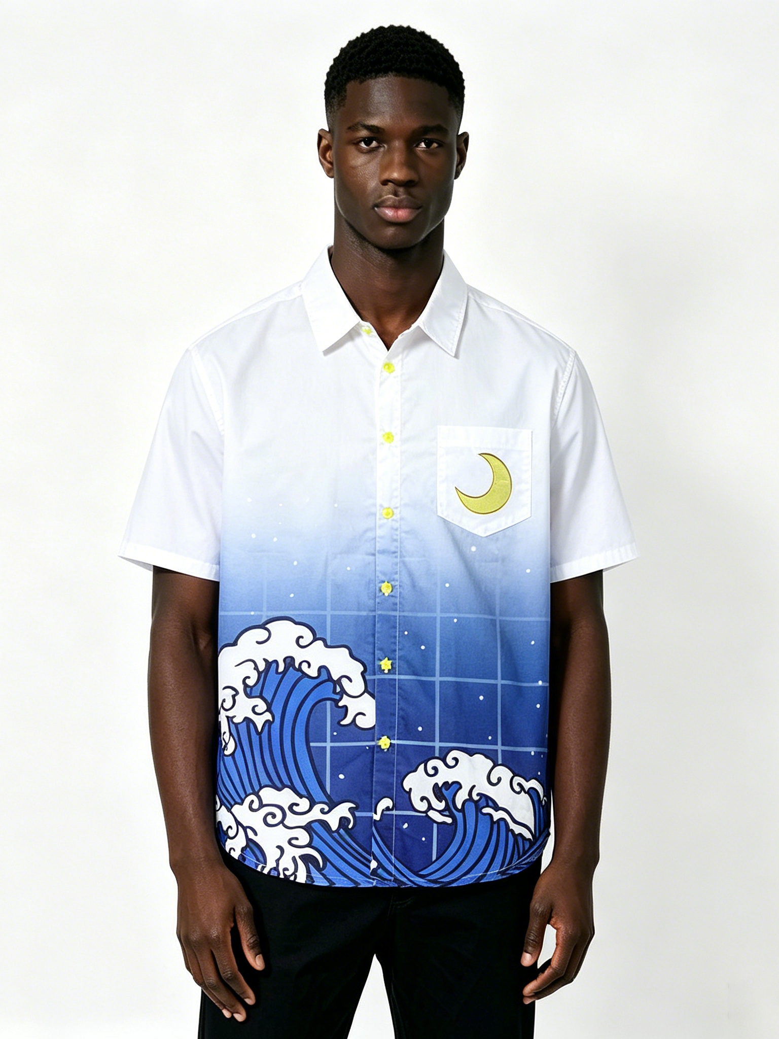 Custom Japanese Wave Gradient Short Sleeve Shirt - LW&SUNKUN Men's Hokusai-Inspired Moon Embroidered Streetwear Button-Down OEM/ODM Wholesale