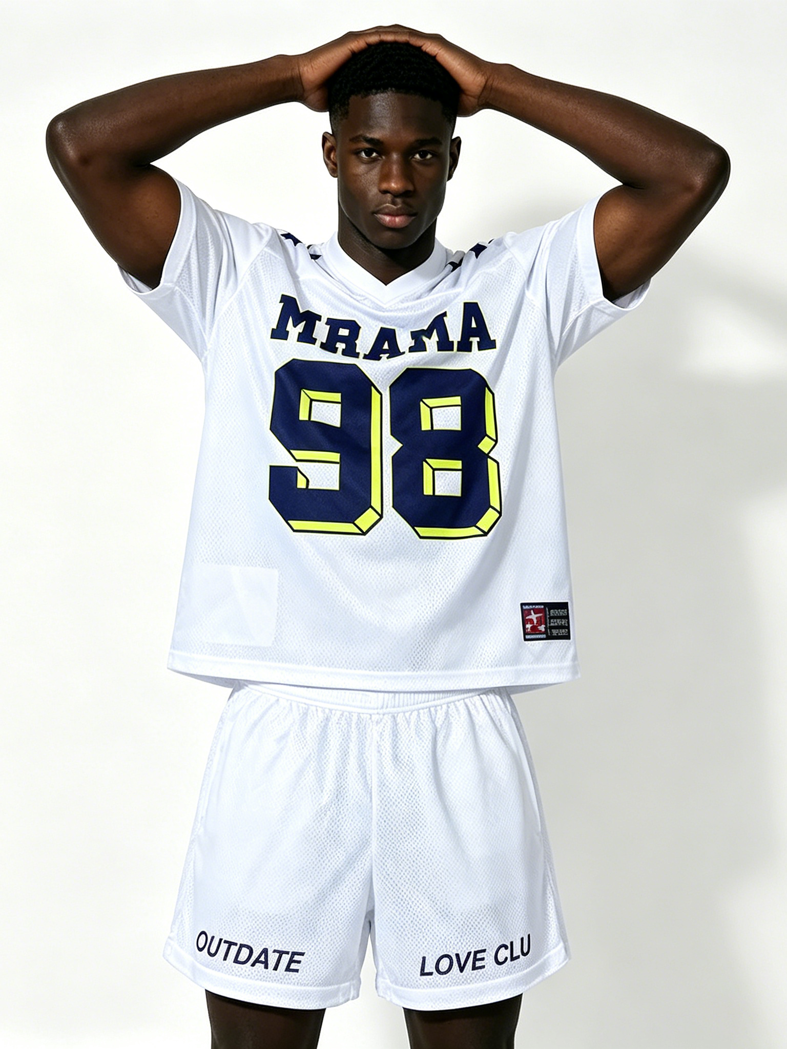 Custom White Mesh Football Jersey Set - LW&SUNKUN Men's "MRAMA 98" Star Print Streetwear Jersey & Shorts OEM/ODM Wholesale