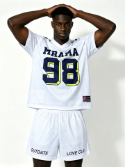Custom White Mesh Football Jersey Set - LW&SUNKUN Men's "MRAMA 98" Star Print Streetwear Jersey & Shorts OEM/ODM Wholesale