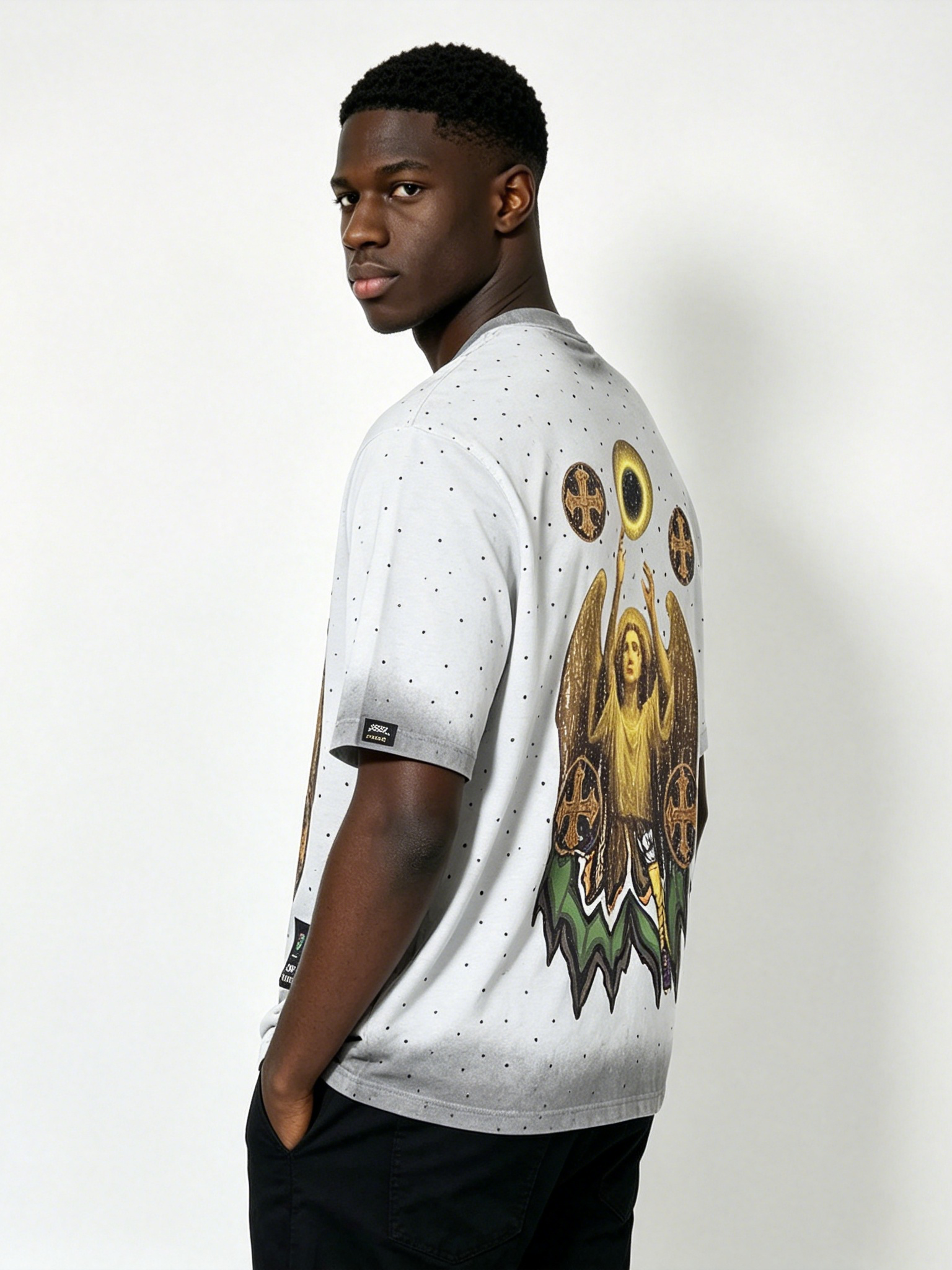 Custom Vintage Washed Angel Graphic T-Shirt - LW&SUNKUN Men's Gothic Cross Print Streetwear Tee OEM/ODM Wholesale