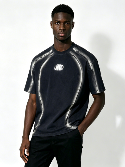 Custom Black Spray-Paint Effect Logo T-Shirt - LW&SUNKUN Men's Paneled Streetwear Tee OEM/ODM Wholesale