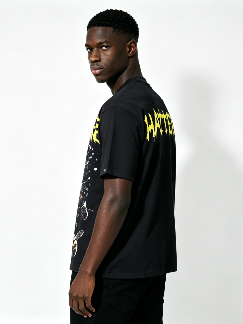 Custom Black Skull & Bees Graphic T-Shirt - LW&SUNKUN Men's "HATTERE" Gothic Streetwear Tee OEM/ODM Wholesale