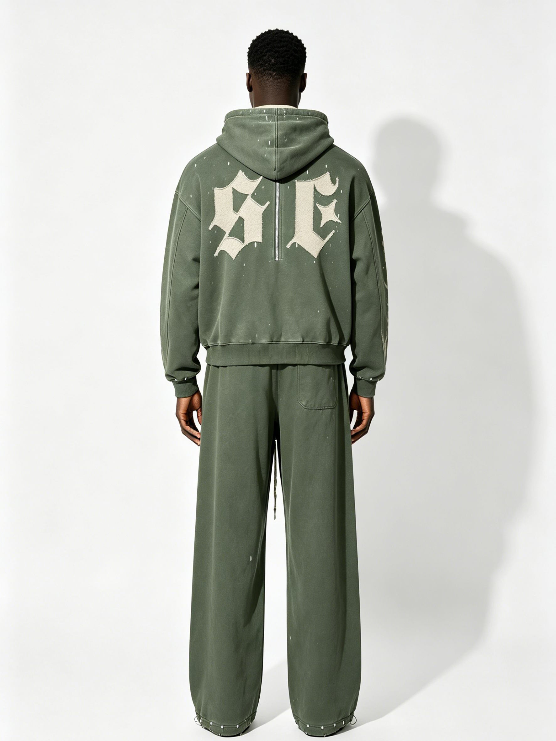 Custom Vintage Green Half-Zip Hoodie & Jogger Set - LW&SUNKUN Men's Gothic Letter Patch Streetwear Tracksuit OEM/ODM Wholesale