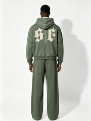 Custom Vintage Green Half-Zip Hoodie & Jogger Set - LW&SUNKUN Men's Gothic Letter Patch Streetwear Tracksuit OEM/ODM Wholesale