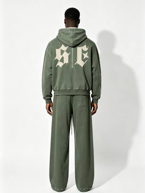 Custom Vintage Green Half-Zip Hoodie & Jogger Set - LW&SUNKUN Men's Gothic Letter Patch Streetwear Tracksuit OEM/ODM Wholesale