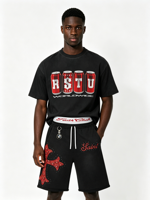 Custom Vintage Black Soda Can Print T-Shirt & Shorts Set - LW&SUNKUN Men's Cross Rhinestone Streetwear Tracksuit OEM/ODM Wholesale