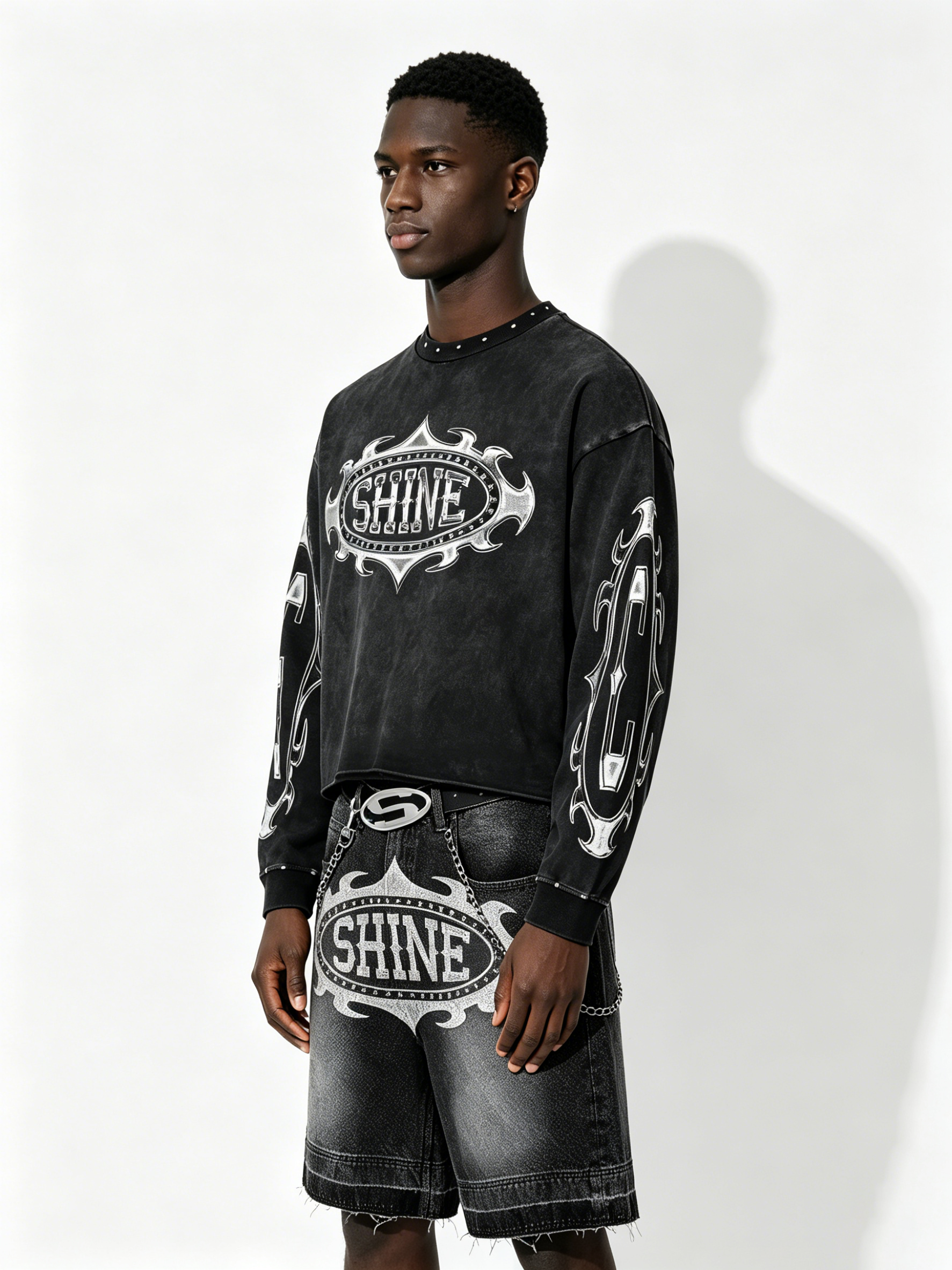 Custom Vintage Black "SHINE" Graphic Cropped Sweatshirt & Denim Shorts Set - LW&SUNKUN Men's Y2K Cyber Streetwear OEM/ODM Wholesale