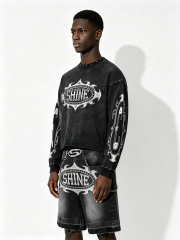 Custom Vintage Black "SHINE" Graphic Cropped Sweatshirt & Denim Shorts Set - LW&SUNKUN Men's Y2K Cyber Streetwear OEM/ODM Wholesale