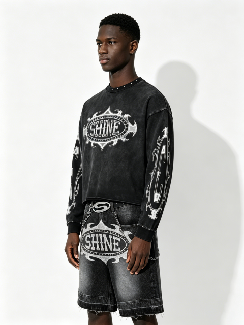 Custom Vintage Black "SHINE" Graphic Cropped Sweatshirt & Denim Shorts Set - LW&SUNKUN Men's Y2K Cyber Streetwear OEM/ODM Wholesale