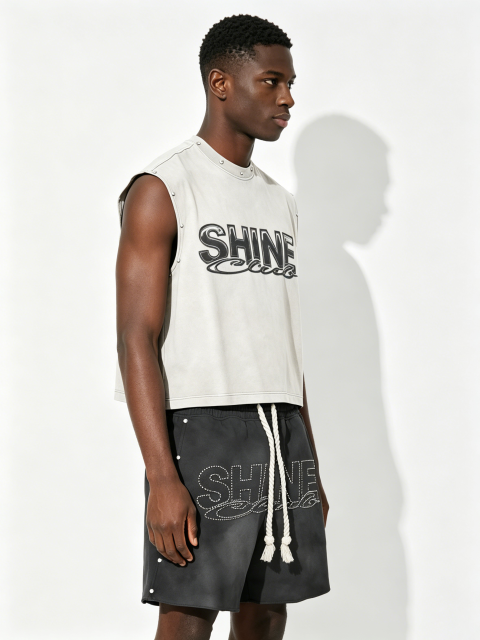 Custom Vintage Washed "SHINE" Studded Sleeveless Tank & Rhinestone Shorts Set - LW&SUNKUN Men's Streetwear OEM/ODM Wholesale