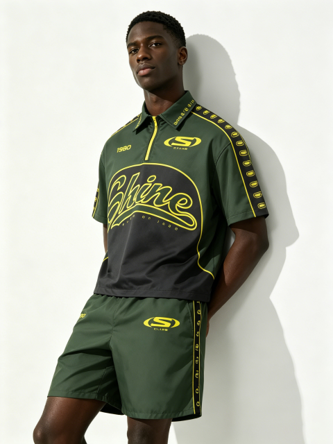 Custom Retro "Shine Club" Soccer Jersey Set - LW&SUNKUN Men's Green & Yellow Streetwear Tracksuit OEM/ODM Wholesale