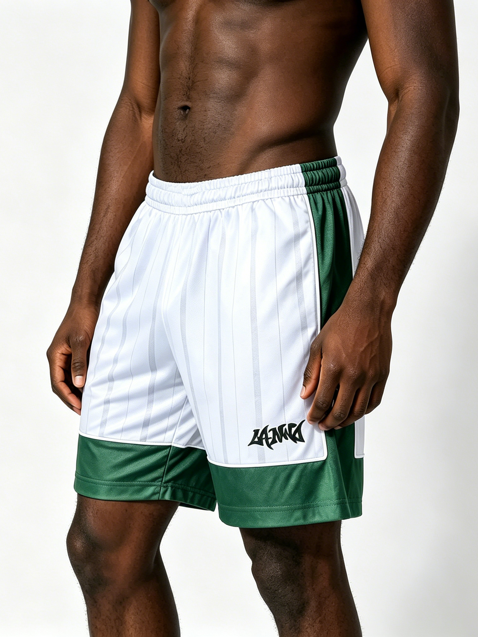 Custom Retro Soccer Stripe Athletic Shorts - LW&SUNKUN Men's White & Green Streetwear Sport Shorts OEM/ODM Wholesale
