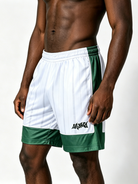 Custom Retro Soccer Stripe Athletic Shorts - LW&SUNKUN Men's White & Green Streetwear Sport Shorts OEM/ODM Wholesale