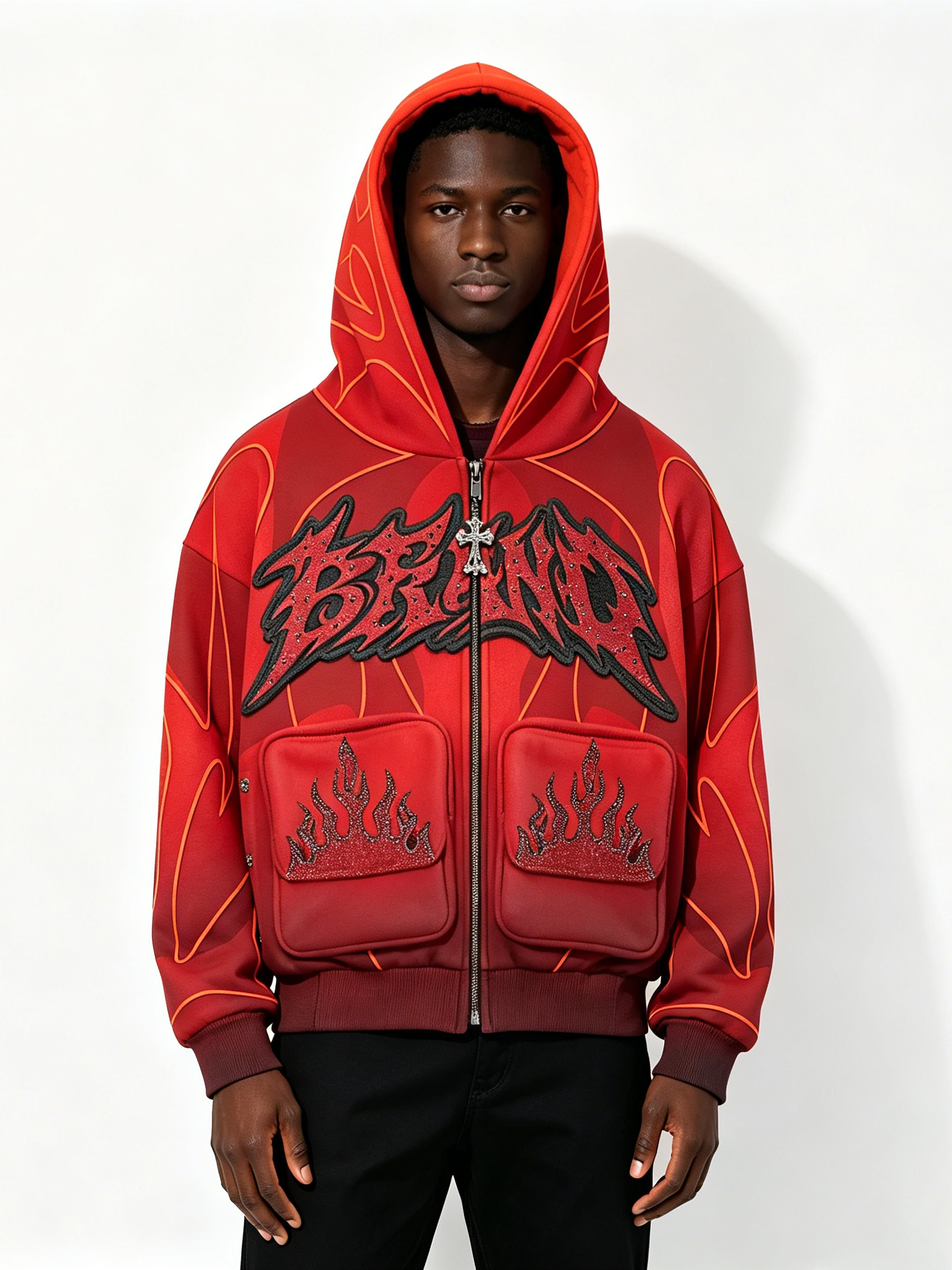 Custom Red Flame Rhinestone Zip-Up Hoodie - LW&SUNKUN Men's Gothic Embroidered Streetwear Jacket OEM/ODM Wholesale