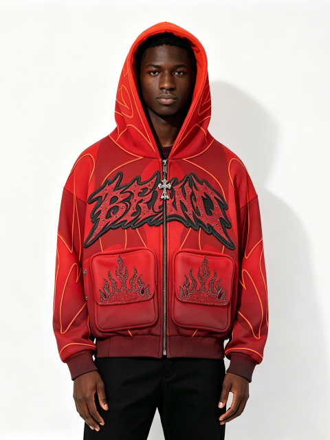 Custom Red Flame Rhinestone Zip-Up Hoodie - LW&SUNKUN Men's Gothic Embroidered Streetwear Jacket OEM/ODM Wholesale