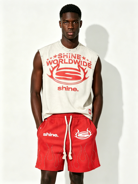 Custom "SHINE WORLDWIDE" Studded Sleeveless Tank & Rhinestone Shorts Set - LW&SUNKUN Men's Streetwear OEM/ODM Wholesale