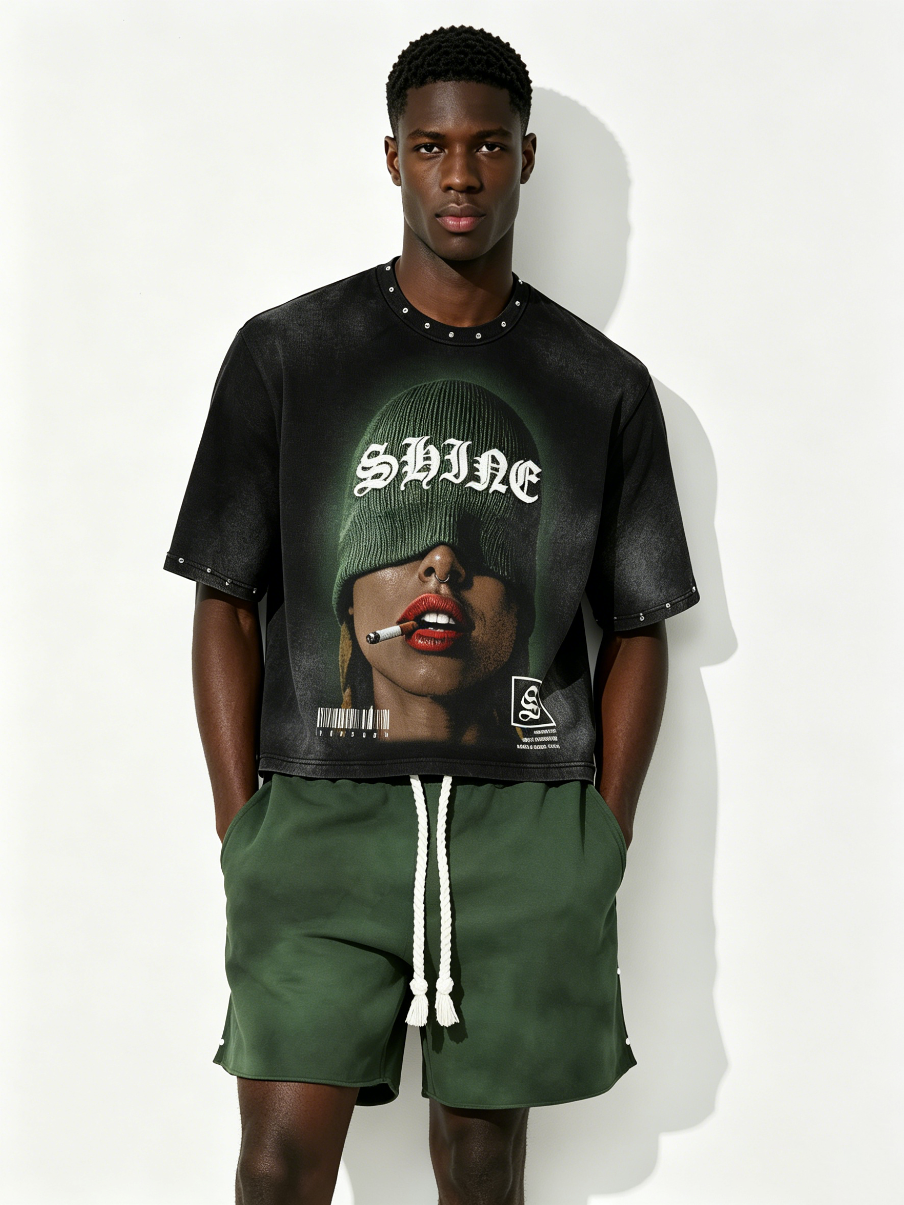 Custom Vintage Black "SHINE" Graphic Studded T-Shirt & Green Shorts Set - LW&SUNKUN Men's Streetwear OEM/ODM Wholesale