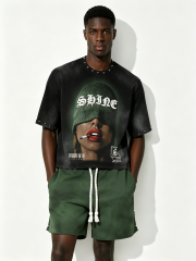 Custom Vintage Black "SHINE" Graphic Studded T-Shirt & Green Shorts Set - LW&SUNKUN Men's Streetwear OEM/ODM Wholesale