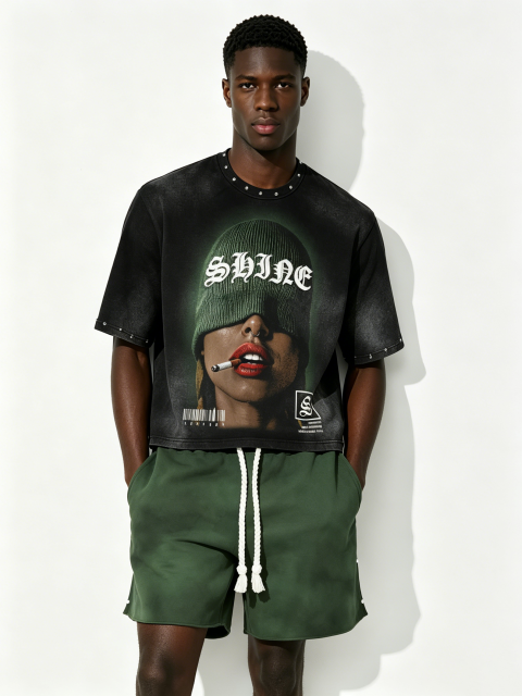 Custom Vintage Black "SHINE" Graphic Studded T-Shirt & Green Shorts Set - LW&SUNKUN Men's Streetwear OEM/ODM Wholesale