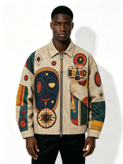 Custom Tribal Patchwork Embroidered Denim Jacket - LW&SUNKUN Men's Ethnic Art Streetwear Trucker Jacket OEM/ODM Wholesale