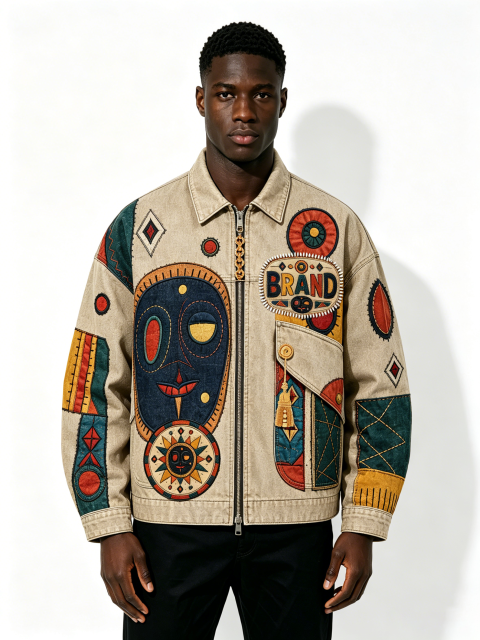 Custom Tribal Patchwork Embroidered Denim Jacket - LW&SUNKUN Men's Ethnic Art Streetwear Trucker Jacket OEM/ODM Wholesale