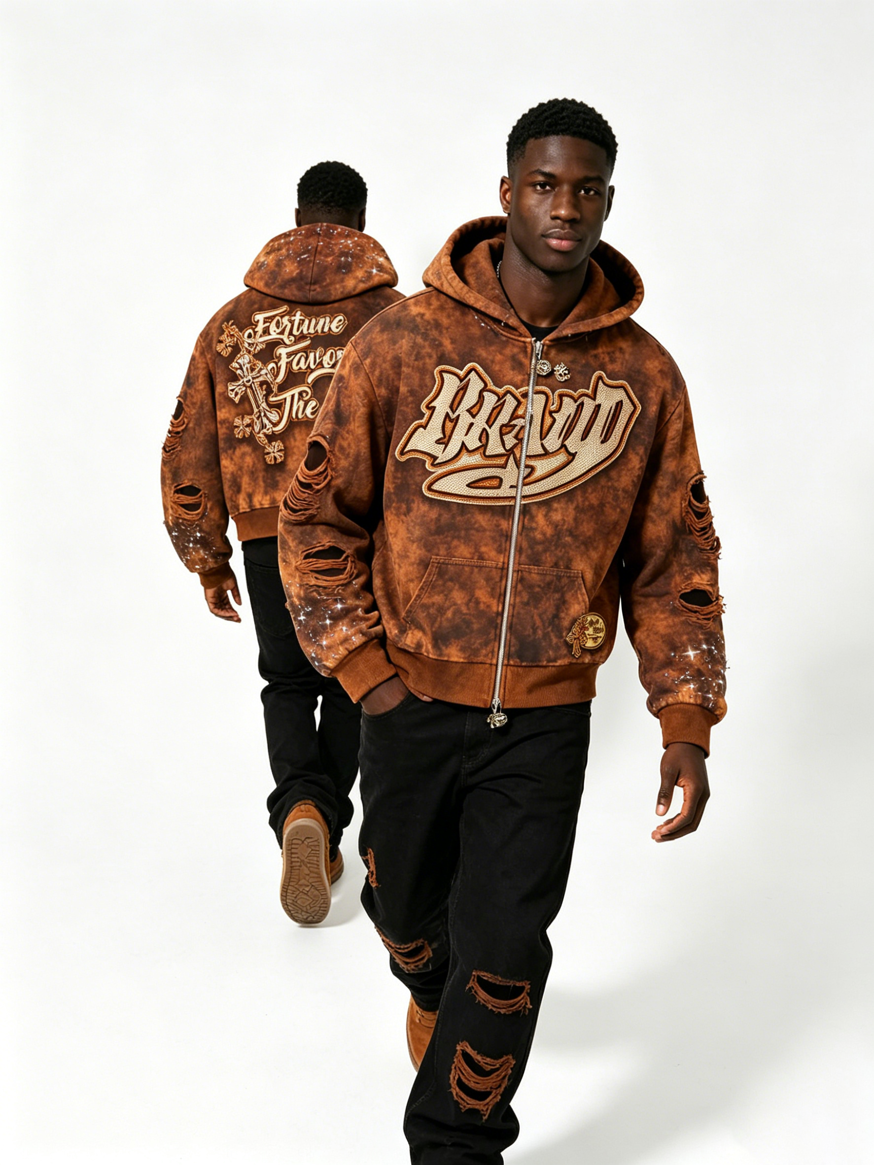 Custom Brown Acid Wash "Fortune Favors The Bold" Rhinestone Hoodie - LW&SUNKUN Men's Distressed Cross Streetwear OEM/ODM Wholesale