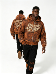 Custom Brown Acid Wash "Fortune Favors The Bold" Rhinestone Hoodie - LW&SUNKUN Men's Distressed Cross Streetwear OEM/ODM Wholesale