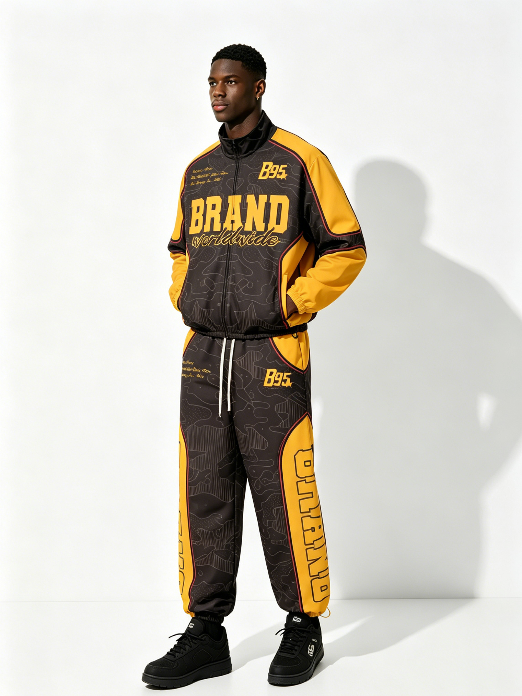 Custom Black & Yellow "BRAND" B95 Racing Tracksuit Set - LW&SUNKUN Men's Retro Streetwear Jacket & Joggers OEM/ODM Wholesale