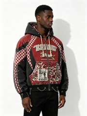 Custom Red & Black Checkerboard Leopard Print Zip-Up Hoodie - LW&SUNKUN Men's Punk Streetwear Jacket with Chains OEM/ODM Wholesale