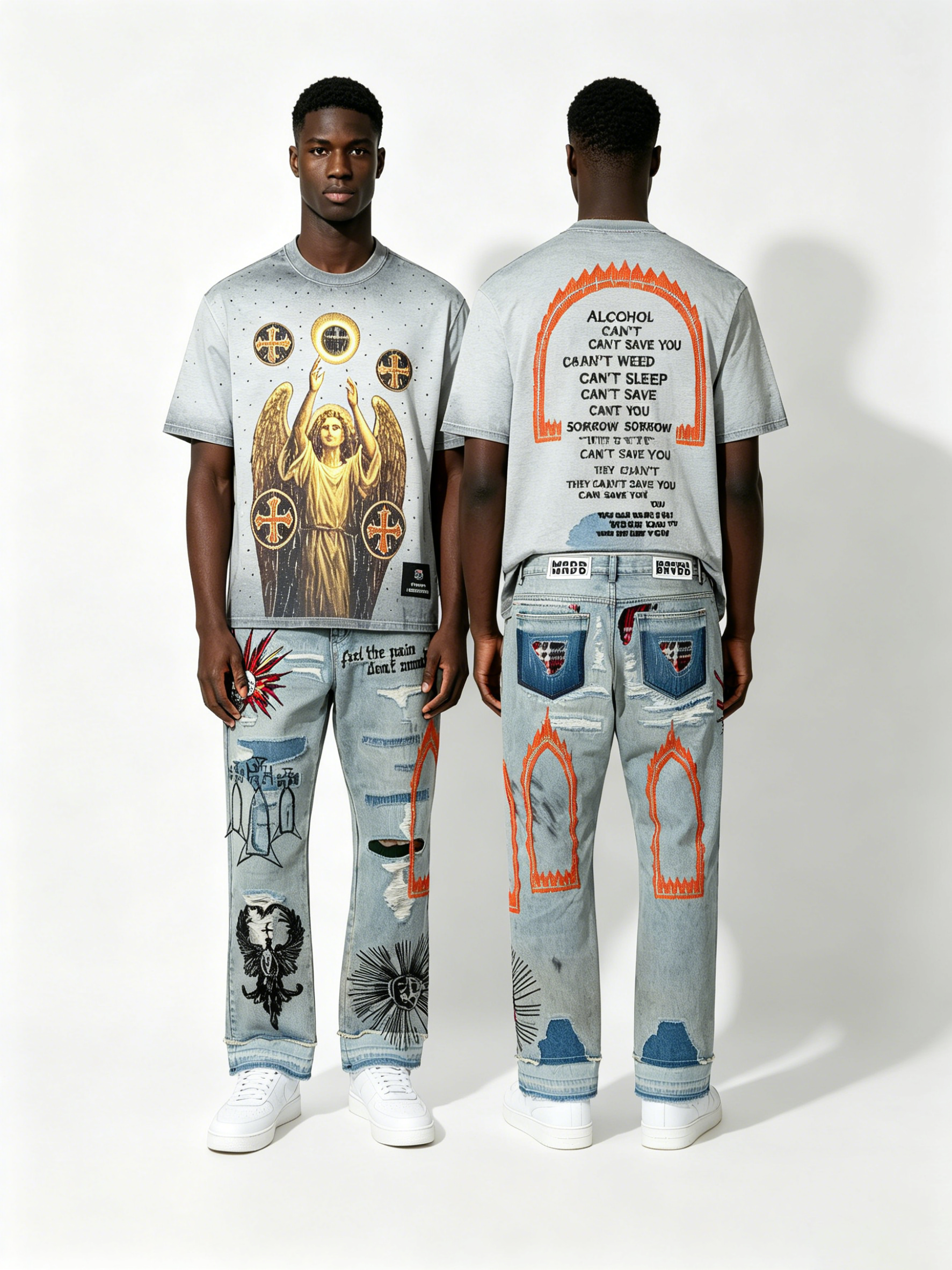 Custom Light Blue Heavy Embroidered Distressed Jeans - LW&SUNKUN Men's Gothic Streetwear Denim OEM/ODM Wholesale