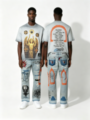 Custom Light Blue Heavy Embroidered Distressed Jeans - LW&SUNKUN Men's Gothic Streetwear Denim OEM/ODM Wholesale