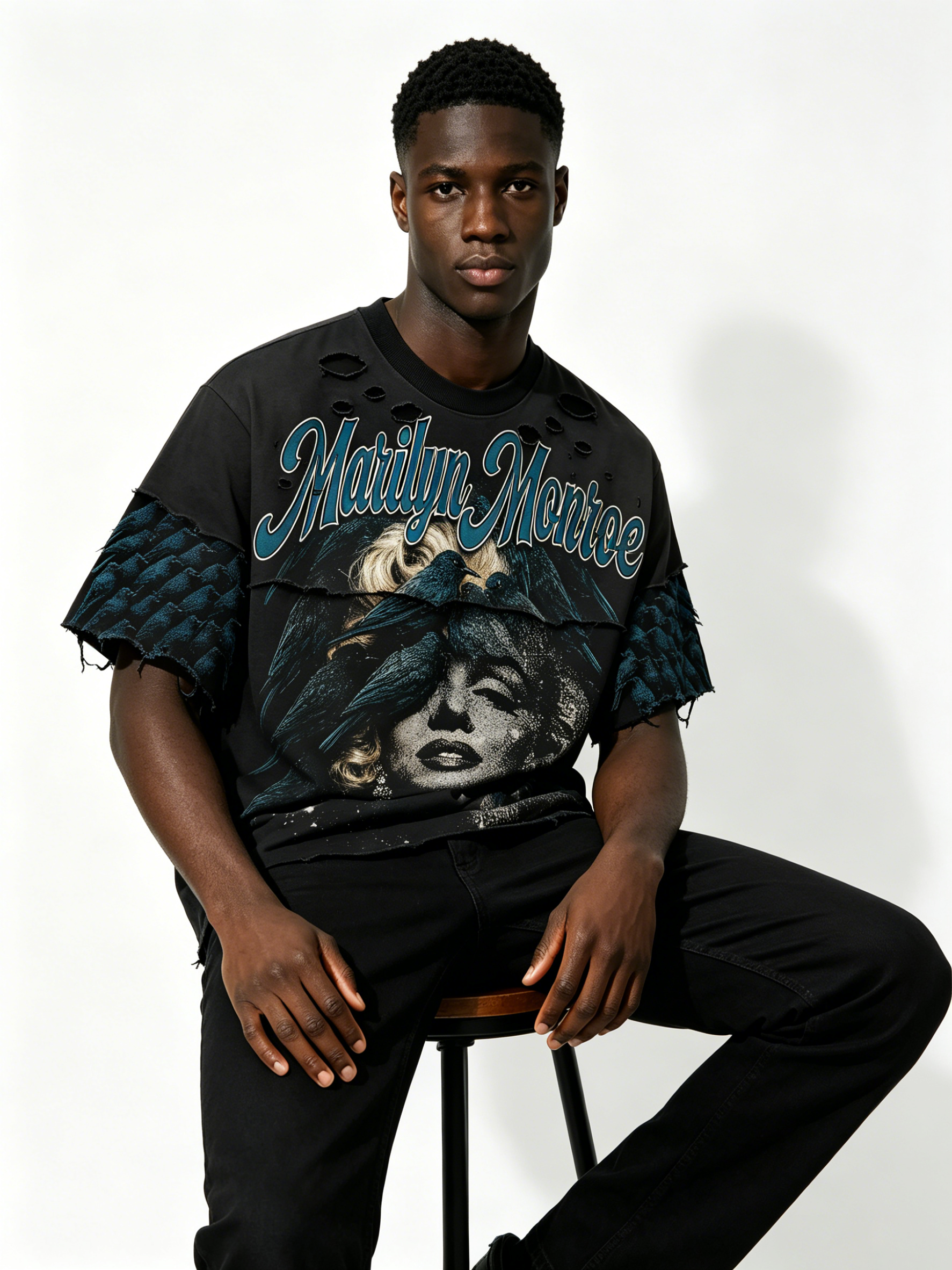 Custom Marilyn Monroe Bird Print Distressed Layered T-Shirt - LW&SUNKUN Men's Gothic Streetwear OEM/ODM Wholesale