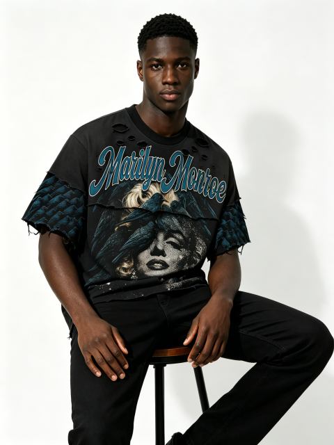 Custom Marilyn Monroe Bird Print Distressed Layered T-Shirt - LW&SUNKUN Men's Gothic Streetwear OEM/ODM Wholesale