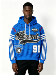 Custom Blue Mesh "Brand 91" Baseball-Inspired Hoodie - LW&SUNKUN Men's Streetwear OEM/ODM Wholesale