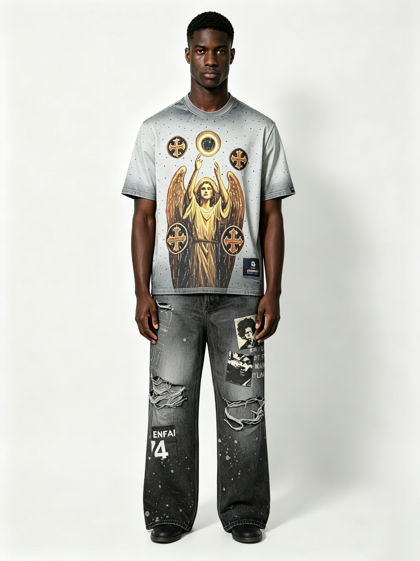 Custom Black Washed Patchwork Distressed Wide-Leg Jeans - LW&SUNKUN Men's Streetwear Denim OEM/ODM Wholesale