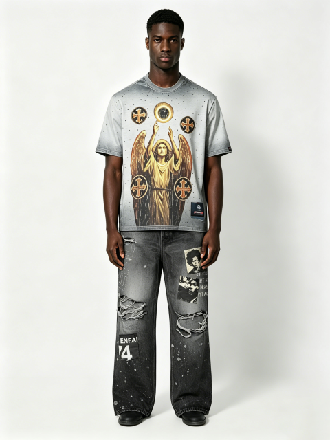 Custom Black Washed Patchwork Distressed Wide-Leg Jeans - LW&SUNKUN Men's Streetwear Denim OEM/ODM Wholesale