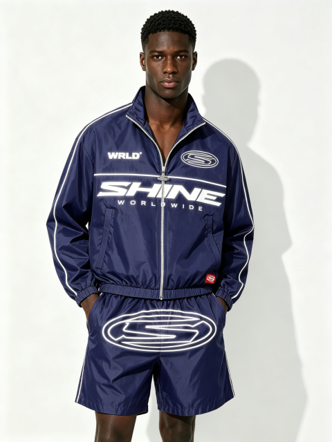 Custom Navy "SHINE WORLDWIDE" Windbreaker Tracksuit Set - LW&SUNKUN Men's Y2K Streetwear Jacket & Shorts OEM/ODM Wholesale