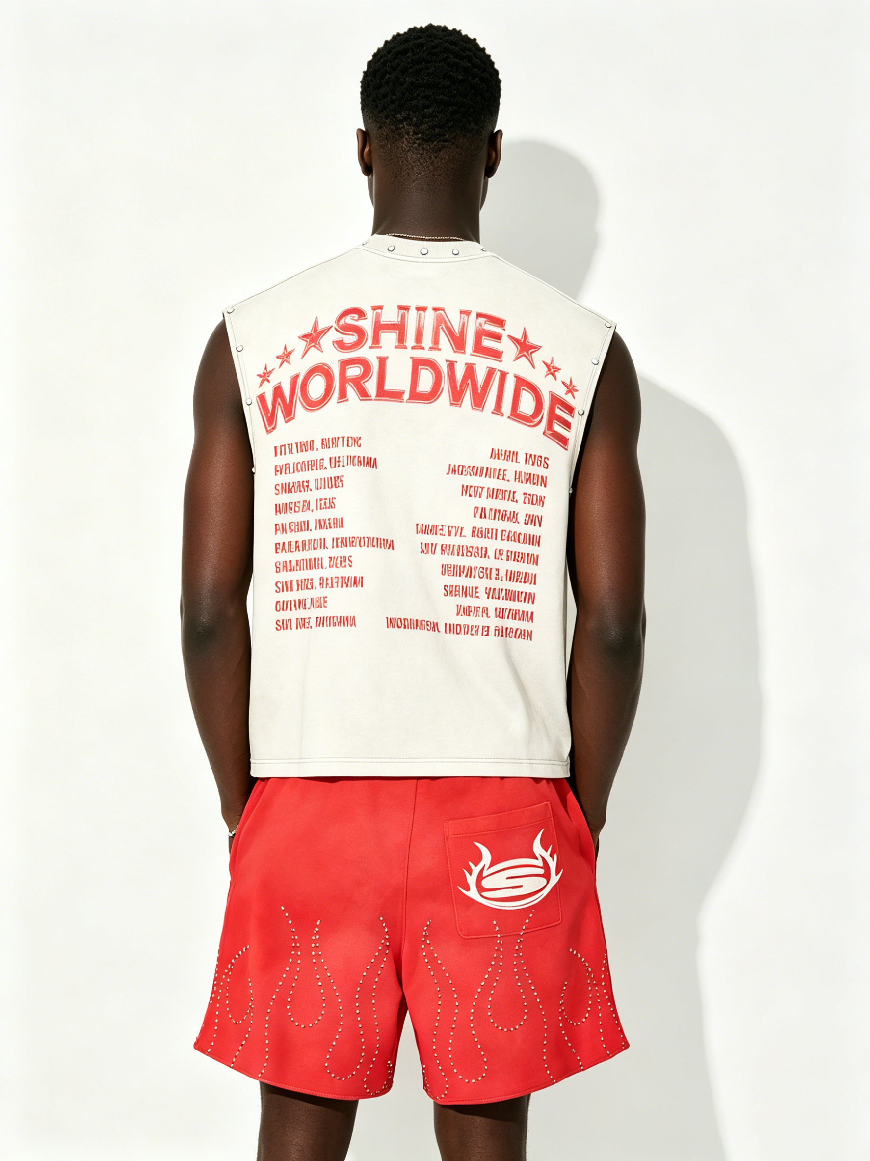 Custom "SHINE WORLDWIDE" Studded Sleeveless Tank & Rhinestone Shorts Set - LW&SUNKUN Men's Streetwear OEM/ODM Wholesale