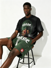 Custom Vintage Black "SHINE" Graphic Studded T-Shirt & Green Shorts Set - LW&SUNKUN Men's Streetwear OEM/ODM Wholesale