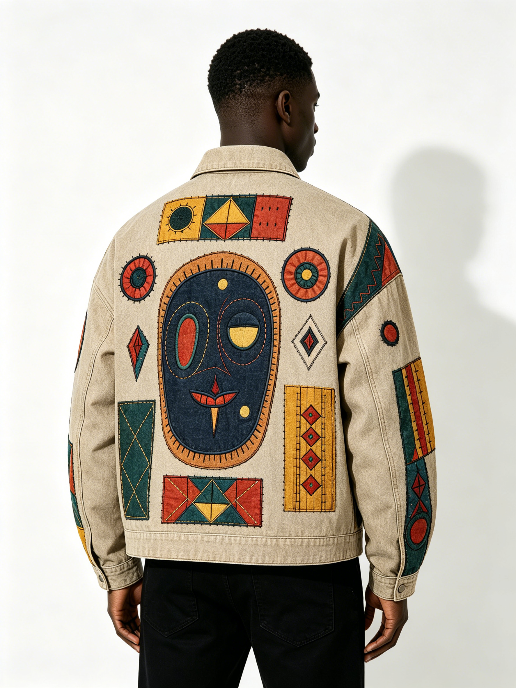 Custom Tribal Patchwork Embroidered Denim Jacket - LW&SUNKUN Men's Ethnic Art Streetwear Trucker Jacket OEM/ODM Wholesale