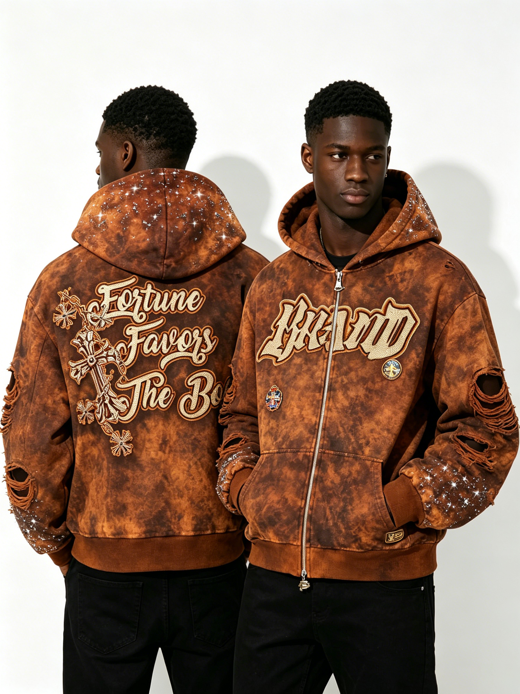 Custom Brown Acid Wash "Fortune Favors The Bold" Rhinestone Hoodie - LW&SUNKUN Men's Distressed Cross Streetwear OEM/ODM Wholesale