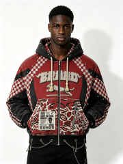 Custom Red & Black Checkerboard Leopard Print Zip-Up Hoodie - LW&SUNKUN Men's Punk Streetwear Jacket with Chains OEM/ODM Wholesale