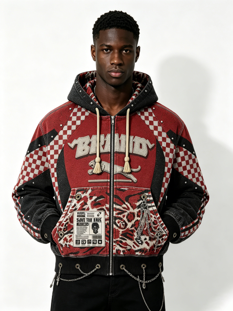 Custom Red & Black Checkerboard Leopard Print Zip-Up Hoodie - LW&SUNKUN Men's Punk Streetwear Jacket with Chains OEM/ODM Wholesale