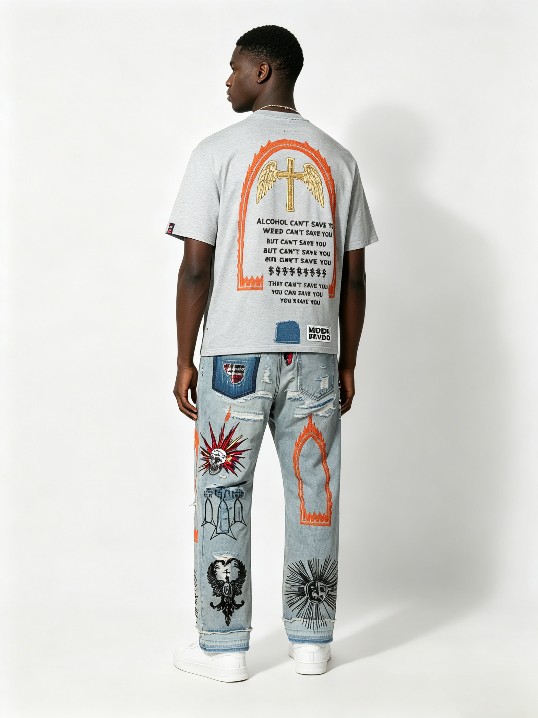 Custom Light Blue Heavy Embroidered Distressed Jeans - LW&SUNKUN Men's Gothic Streetwear Denim OEM/ODM Wholesale