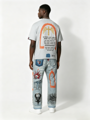 Custom Light Blue Heavy Embroidered Distressed Jeans - LW&SUNKUN Men's Gothic Streetwear Denim OEM/ODM Wholesale