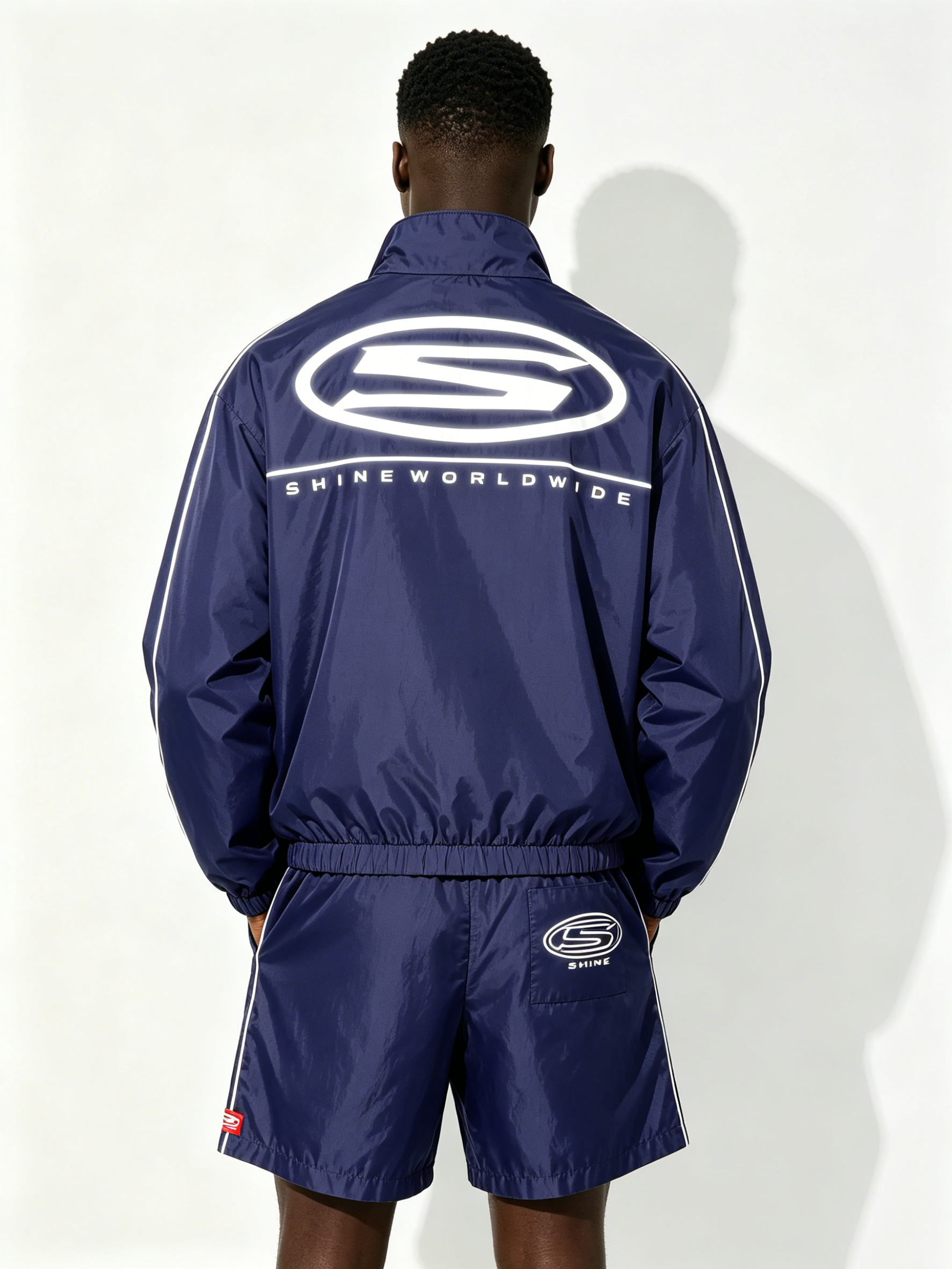 Custom Navy "SHINE WORLDWIDE" Windbreaker Tracksuit Set - LW&SUNKUN Men's Y2K Streetwear Jacket & Shorts OEM/ODM Wholesale