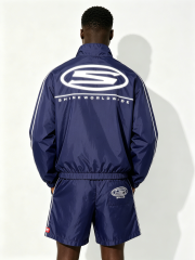 Custom Navy "SHINE WORLDWIDE" Windbreaker Tracksuit Set - LW&SUNKUN Men's Y2K Streetwear Jacket & Shorts OEM/ODM Wholesale