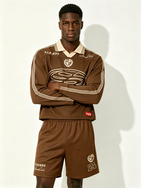 Custom Brown "SHINE CLUB" Retro Soccer Jersey Set - LW&SUNKUN Men's Vintage Streetwear Tracksuit OEM/ODM Wholesale