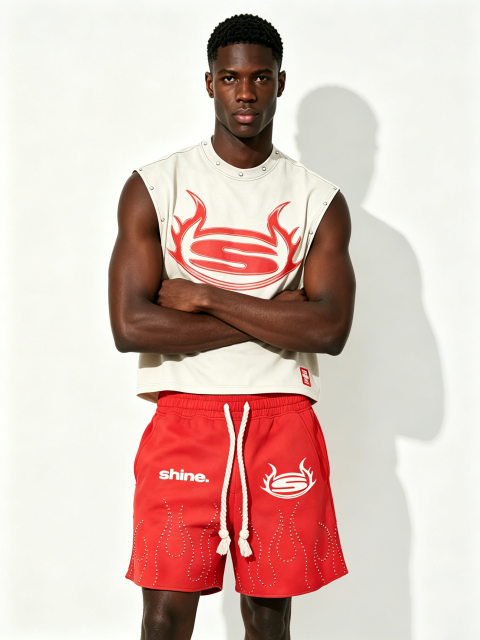 Custom "SHINE WORLDWIDE" Studded Sleeveless Tank & Rhinestone Shorts Set - LW&SUNKUN Men's Streetwear OEM/ODM Wholesale